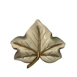 Vintage Crown Trifari Leaf Brooch Pin Gold Tone White Enamel 2.5" tall